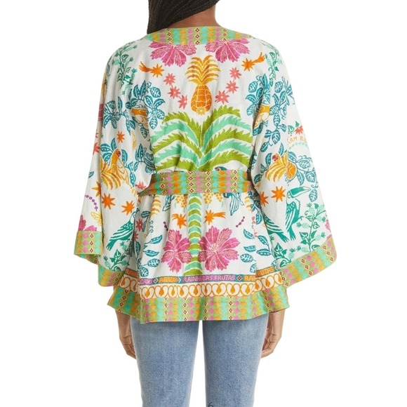 Farm Rio Queen of Fruits Tropical Kimono Jacket SZ‎ Lge Tie Beaded Tassel Fringe - Picture 3 of 16